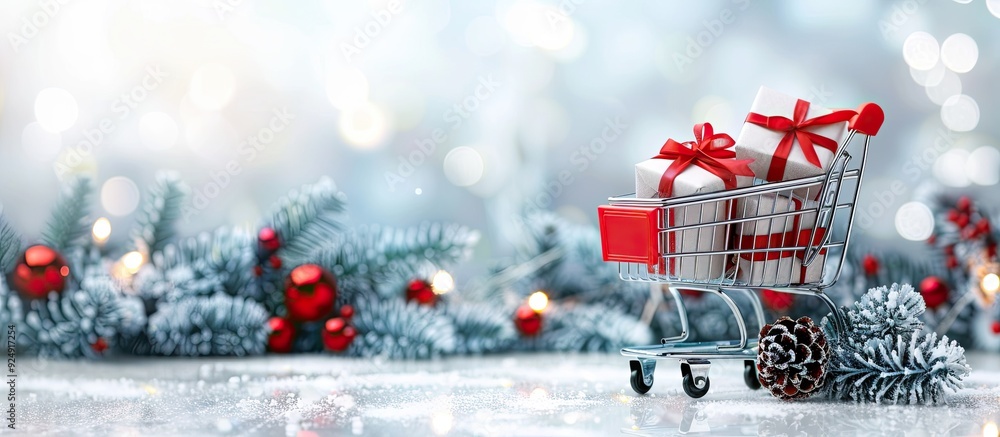 Poster white christmas background with a shopping cart filled with gifts suitable for copy space image