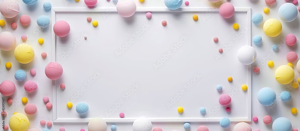Poster white frame surrounded by various colored small balls with space for text or images copy space image