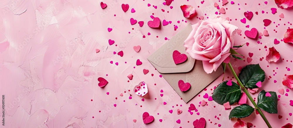 Aufkleber a pink rose and heart shaped confetti made of paper adorn a soft pink backdrop complete with a card 