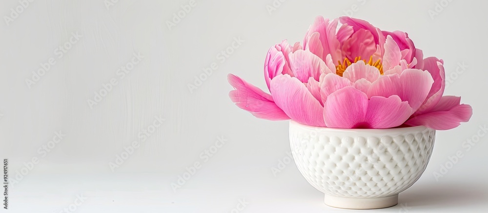 Poster Peony flower in a waffle cup with a white background embodying the essence of spring and summer with a minimalist design for a greeting card featuring a copy space image