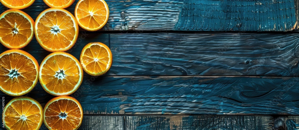 Poster Freshly sliced oranges arranged on a rustic wooden surface with copy space image