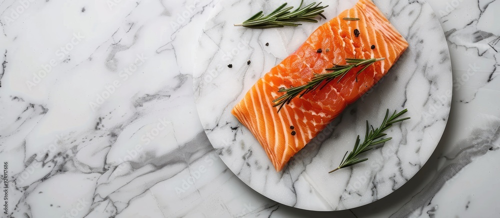 Poster top view of a rosemary seasoned salmon fillet on a marble plate perfect for making a delicious salmo