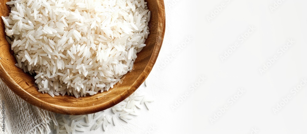 Poster high quality close up image featuring white basmati rice against a white backdrop with ample copy sp