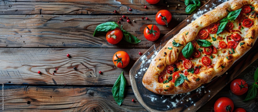 Aufkleber georgian khachapuri with tomatoes and paprika displayed from a top view on a wooden background with 