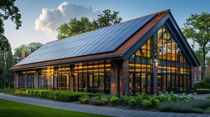 Obraz premium Solar Cells on a Historical Building: Solar cells subtly integrated into the roof of a historical building, preserving its appearance while providing clean energy.