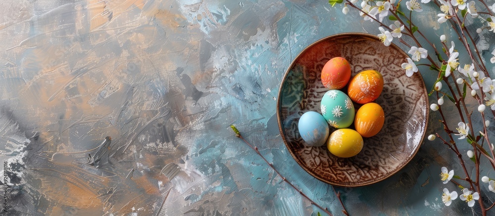 Fototapete Easter concept with colorful eggs on a textured plate against a rustic background accompanied by a spring bouquet Close up festive display with copy space image