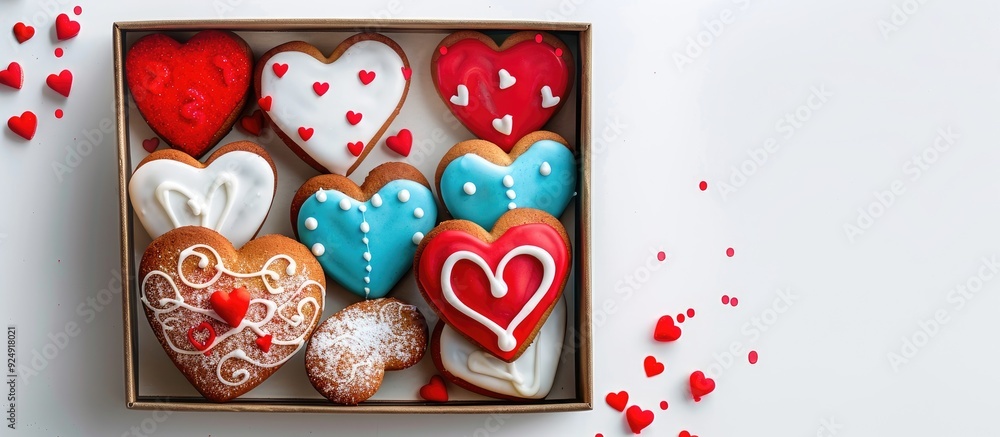 Aufkleber heart shaped cookies with colorful decorations arranged in a box on a white backdrop providing ample