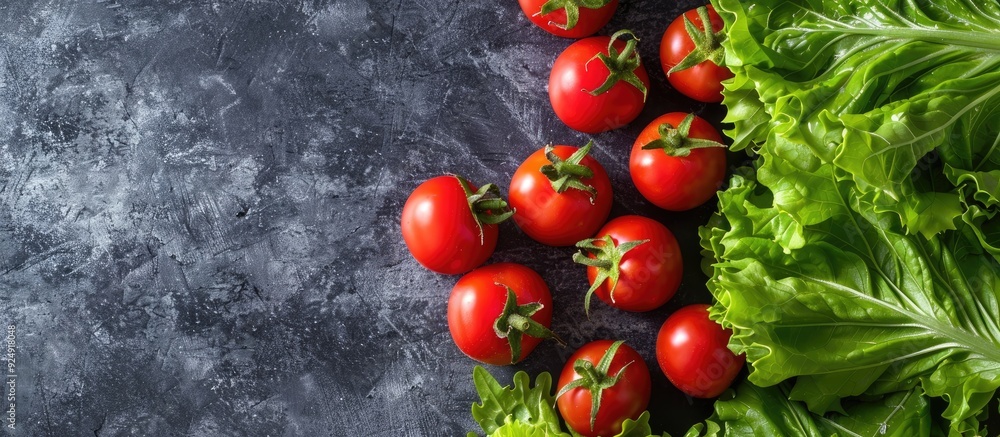 Poster Overhead view of fresh cherry tomatoes and lettuce symbolizing nutritional benefits with space for text or images. Creative banner. Copyspace image