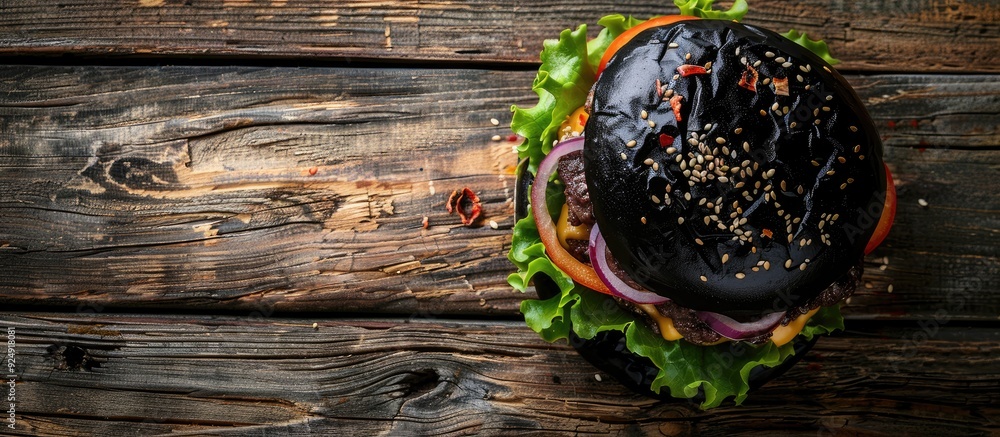 Poster A top down shot of a black burger with meat onions and lettuce set on a wooden backdrop providing empty space for additional content