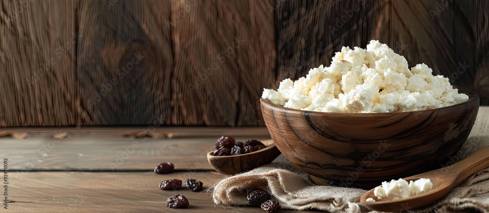 Leinwandbilder a rustic wooden background serves as the setting for a bowl of cottage cheese accompanied by sour cr
