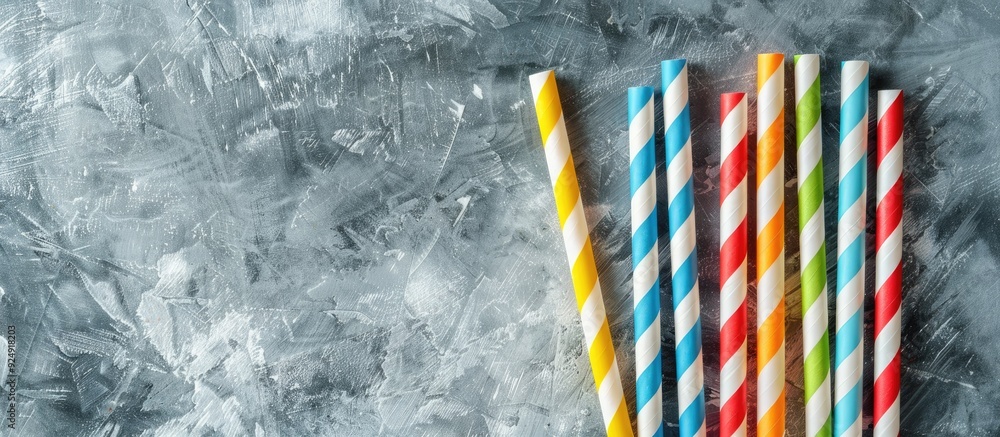 Poster summer cocktail party straws on gray backdrop colorful eco friendly paper straws in a top down view 