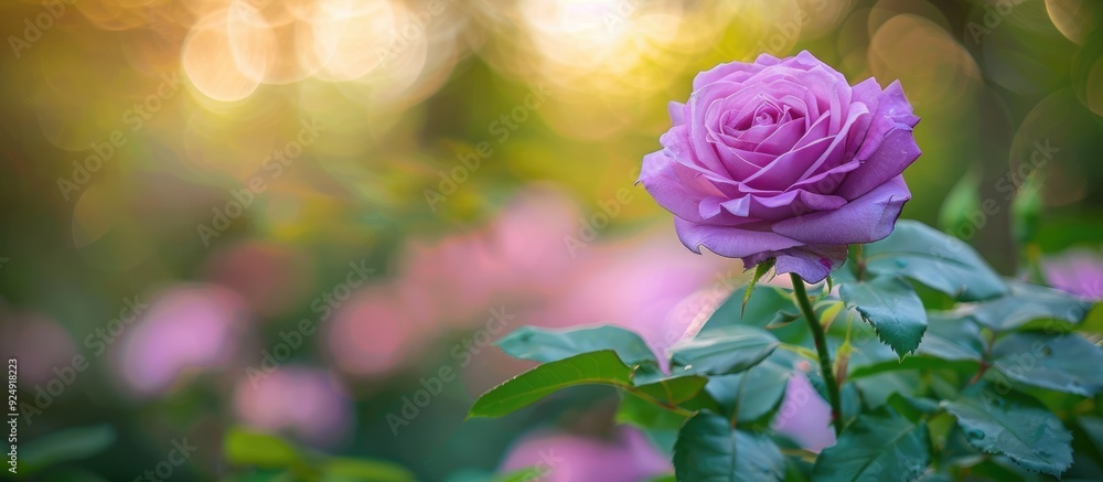 Poster violet rose stands out in a lush green garden against a blurred backdrop perfect for a copy space im