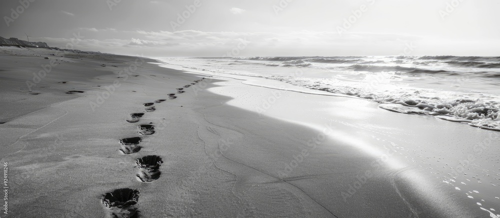 Poster monochrome image of human footprints on a sandy beach by the sea coast symbolizing vacation travel a