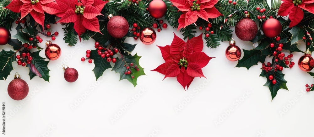 Poster Festive border featuring poinsettias and holiday ornaments set against a white backdrop designed for adding text in a copy space image