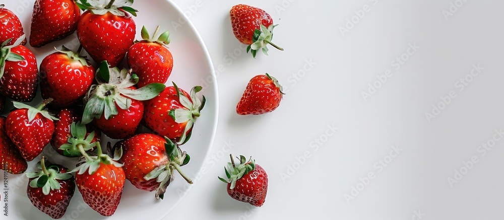 Poster Strawberries arranged on a plate with a white backdrop ideal for a copy space image
