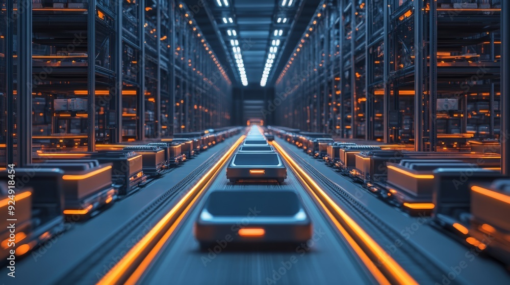 Poster automated warehouse with smart robots transporting goods on tracks, illuminated by orange and blue l
