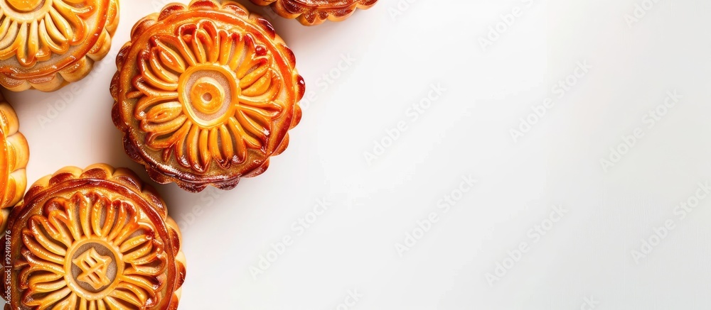 Aufkleber Top view of a mooncake on a white background with copy space image