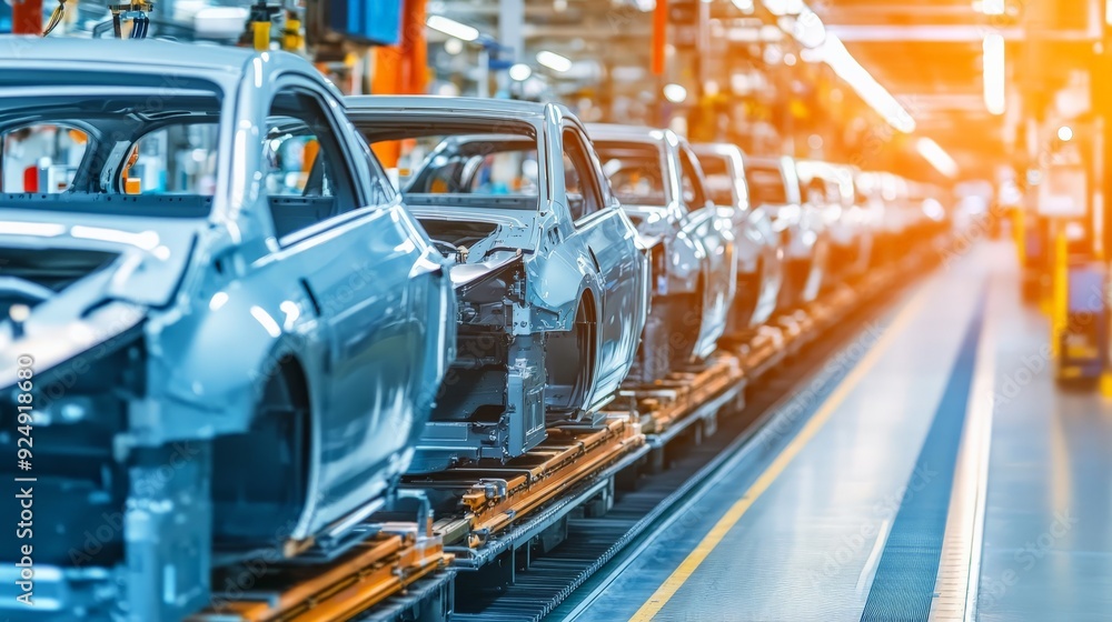Poster automobile assembly line in a modern factory with car bodies on the production line and bright light