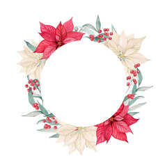 Watercolor round frame with poinsettia flower, leaves and berries. Christmas wreath with space for text. New Year and Christmas card, invitation, greeting. Flower Christmas star