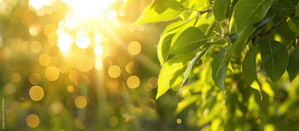 Canvas Prints Sunlit tree with green leaves on a background of golden sunlight includes copy space image