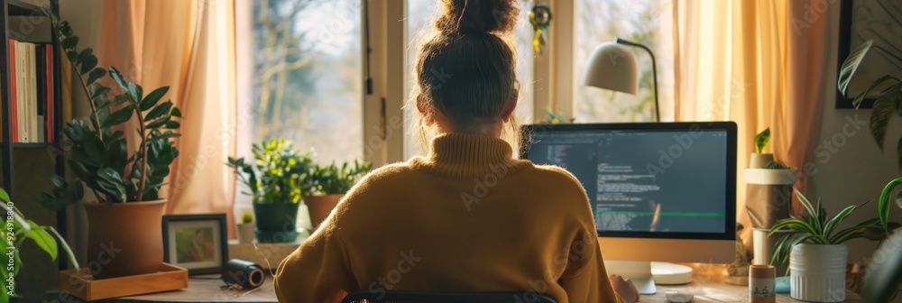 Poster a back view of a programmer working on a computer, surrounded by plants, in a cozy home office envir