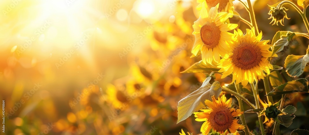 Poster Sunflowers in bloom during sunset with a blank space for adding text or images. Creative banner. Copyspace image