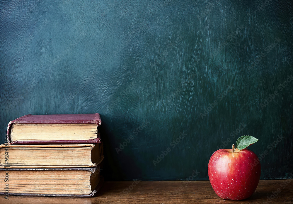 Poster stack of old books and a red apple are on a desk in front of an empty chalkboard, providing copy spa