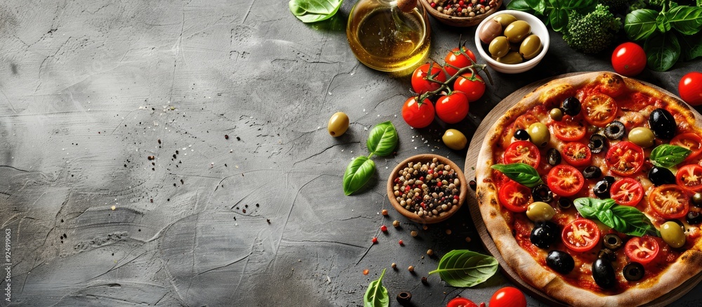 Poster Pizza with olives and tomatoes placed on a concrete surface creating a composition suitable for a copy space image