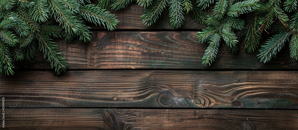 Poster rustic christmas wooden background featuring a fir tree with copy space image for xmas or new year g