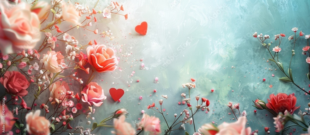Poster Valentine s Day greeting enhanced by a picturesque floral backdrop with emphasis on selected elements with space to add text or elements in the picture. Creative banner. Copyspace image