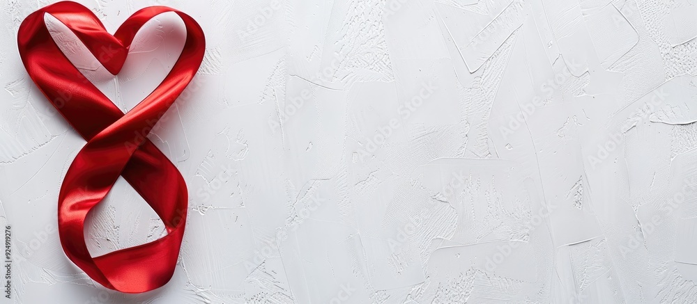 Poster Top view of an isolated red heart ribbon sign symbol decorated on a white table background with copy space image