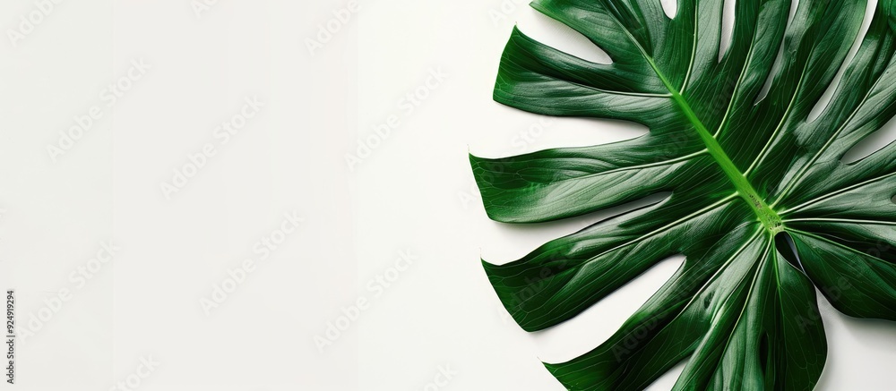 Poster top down view of a vibrant tropical monstera leaf against a clean white backdrop featuring ample cop