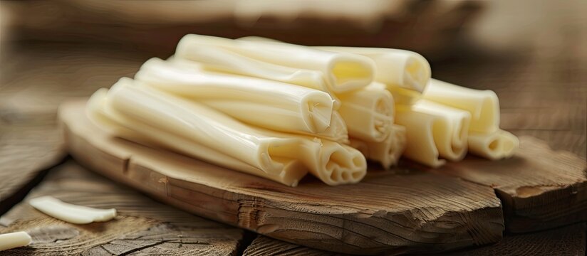 String cheese with a smoky flavor from Kobarcik is a nutritious snack option with selective focus allowing for easy inclusion of copy space image