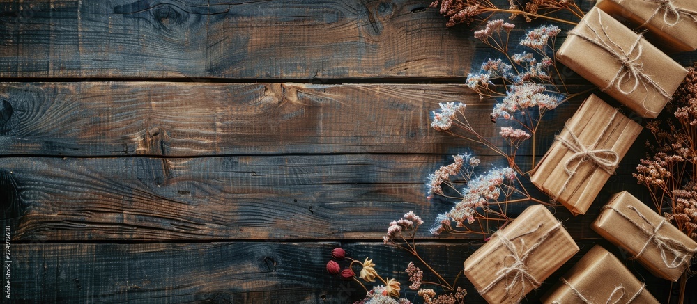 Poster A wooden background adorned with gift boxes and dried flowers offering an elegant display with ample copy space image