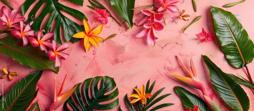 Poster a vibrant flat lay design featuring heliconia flowers and leaves on a pink vintage backdrop ideal fo