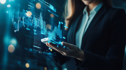 Fototapeta premium Businesswoman using smartphone surrounded by data grids.