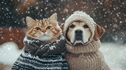 an photography featuring a cat and a dog standing together in the center of the image, both dressed in cozy winter outfits. The scene should depict a snow