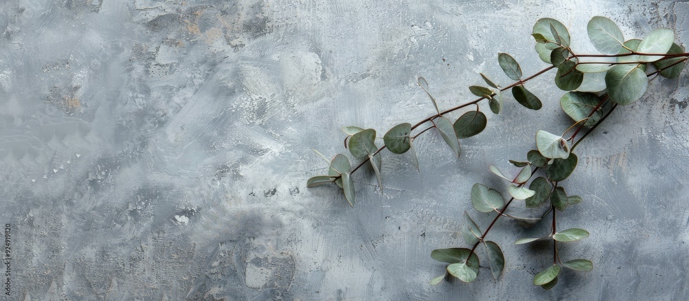 Leinwandbilder eucalyptus twigs displayed on a grey concrete background for a greeting card with copy space image