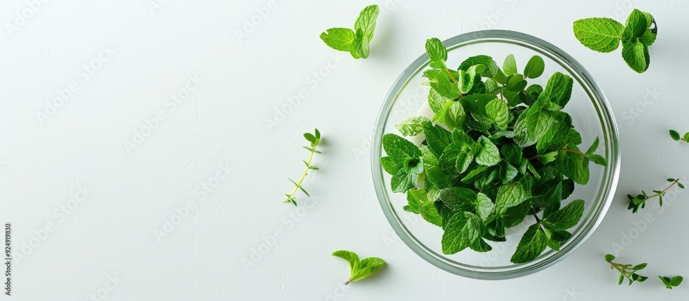 Poster fresh mint herbs in a glass bowl on a white background perfect for adding text or images with its co