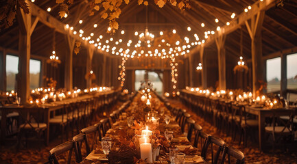 Obraz premium A wedding in a rustic barn, decorated with autumn leaves, candles, and warm lights. Generative AI.