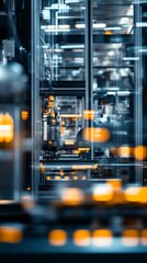 Fototapeta premium Blurry lights in a modern industrial facility showcasing advanced technology and automation, with a futuristic and abstract vibe.
