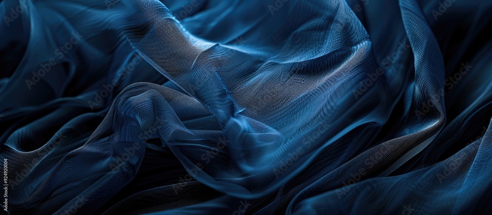 Aufkleber selective focus on dark blue tulle or organza fabric folds in the background creating a copy space i