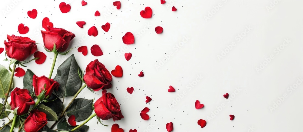 Canvas Prints A top down view of red roses and hearts on a white background with copy space image available