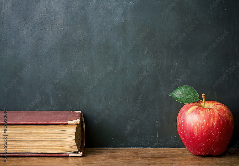 Aufkleber apple and old book on a desk in front of a blank chalkboard, providing copy space for back to school