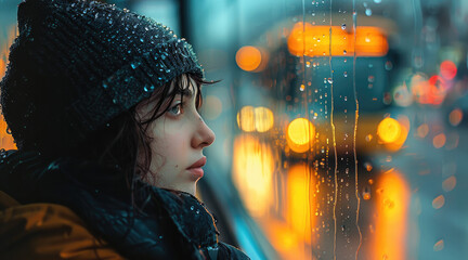 Naklejka premium A person sitting at a bus stop in the rain, their expression reflecting a mix of sadness and longing. The blurred background. Generative AI.