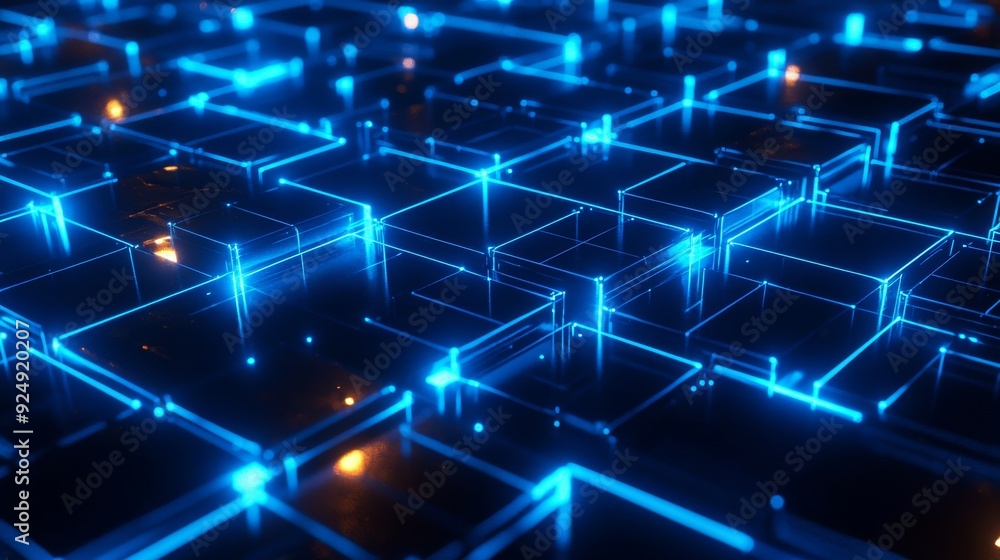 Poster futuristic technology background with glowing cubes and lines forming a complex network