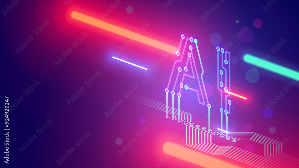 Poster AI letters consist at pcb conductor in isometric. Logo or abbreviation AI in isometric on electronic industry background. Tech banner in hardware development style. Artificial intelligence background.