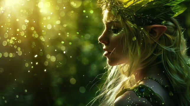 A fairy adorned with emerald leaves basks in soft, dappled sunlight