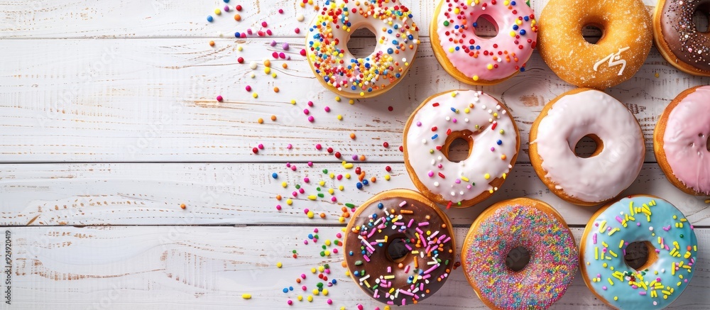Leinwandbilder a variety of vibrant donuts displayed on a white wooden surface with icing and sprinkles some froste