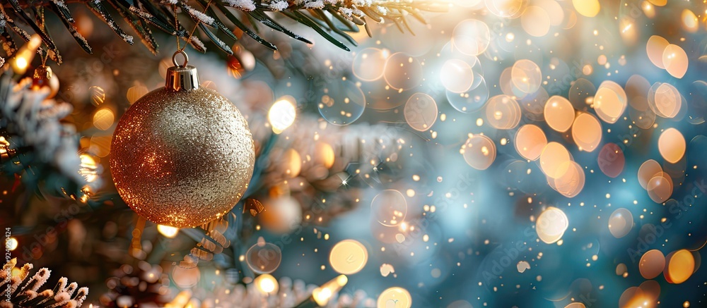 Aufkleber festive holiday background with a golden bauble hanging from a decorated tree creating a merry chris